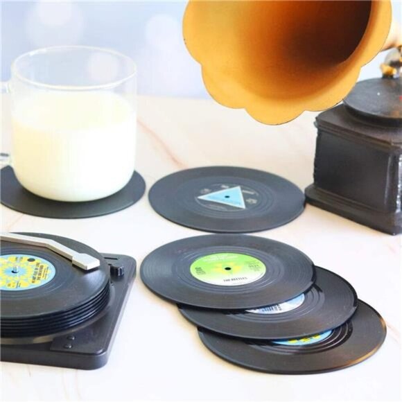 Funny Retro Record Coasters for Drinks with Vinyl Player Holder for Music - Picture 4 of 8